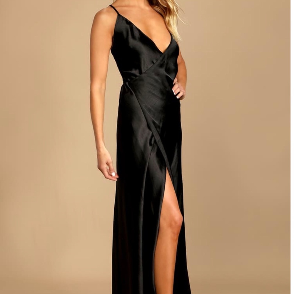 Lulus Fondly Loved Black Satin Wrap Maxi Dress